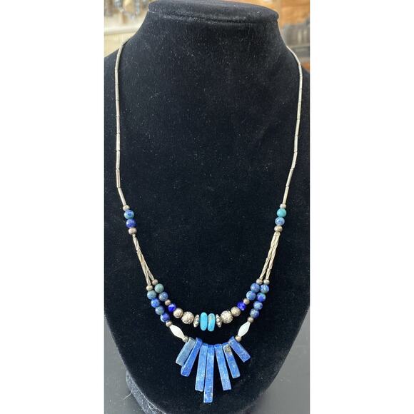 Vintage Stacked Pieces Of Turquoise Double Strand Beads Silver Beads Cover Chain - Picture 1 of 4